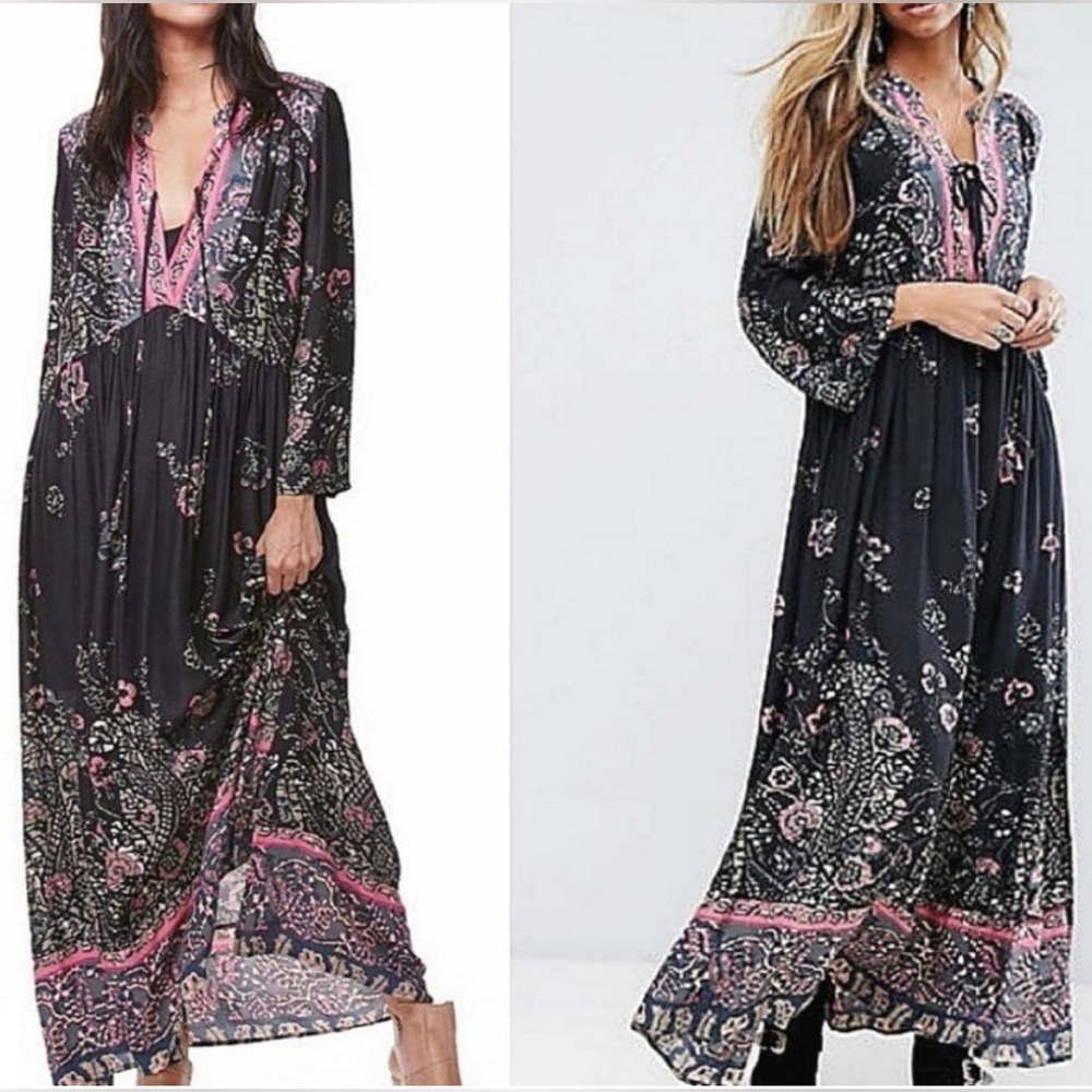 Free people “If you only knew “ maxi dress w/leg slits and tie neck size small - Picture 2 of 15